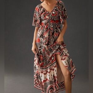 👗🌟Anthropologie Tiered Maxi Dress XS Boho Cutout Flutter Sleeve Red Black Print
